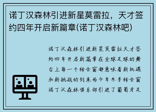 诺丁汉森林引进新星莫雷拉，天才签约四年开启新篇章(诺丁汉森林吧)