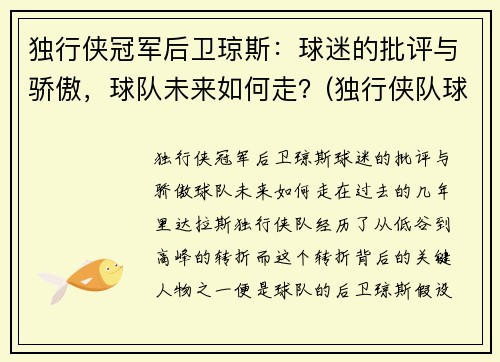 独行侠冠军后卫琼斯：球迷的批评与骄傲，球队未来如何走？(独行侠队球星)