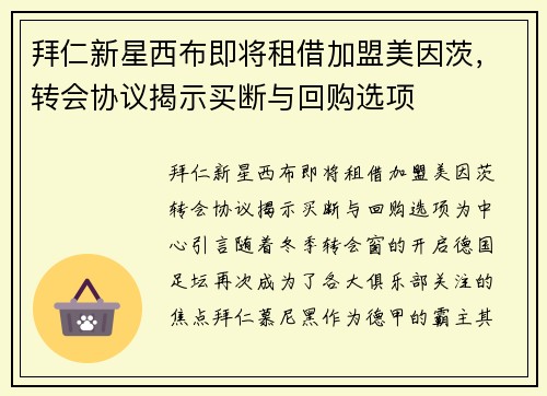 拜仁新星西布即将租借加盟美因茨，转会协议揭示买断与回购选项