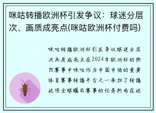 咪咕转播欧洲杯引发争议：球迷分层次、画质成亮点(咪咕欧洲杯付费吗)