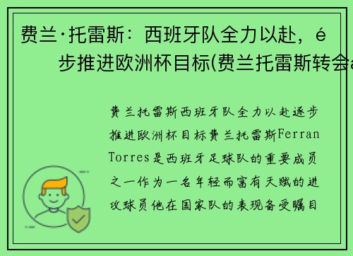 费兰·托雷斯：西班牙队全力以赴，逐步推进欧洲杯目标(费兰托雷斯转会曼城)