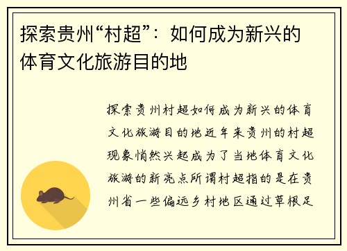 探索贵州“村超”：如何成为新兴的体育文化旅游目的地