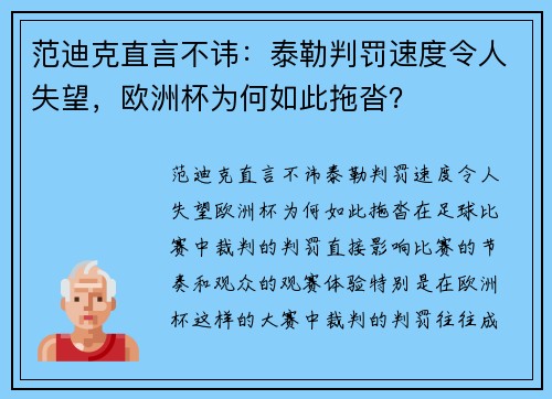 范迪克直言不讳：泰勒判罚速度令人失望，欧洲杯为何如此拖沓？